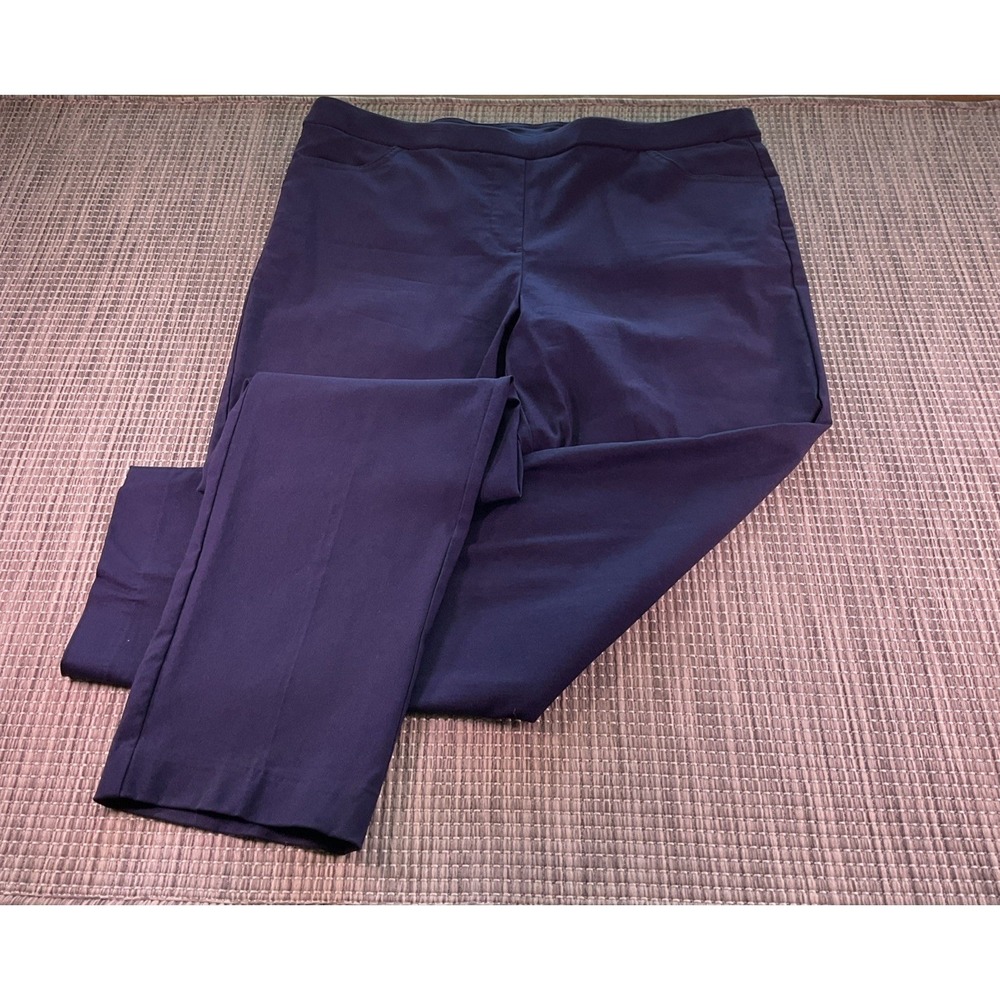 Alfred Dunner Womens Navy Elastic Waist Straight Leg Solid Pants Size 14